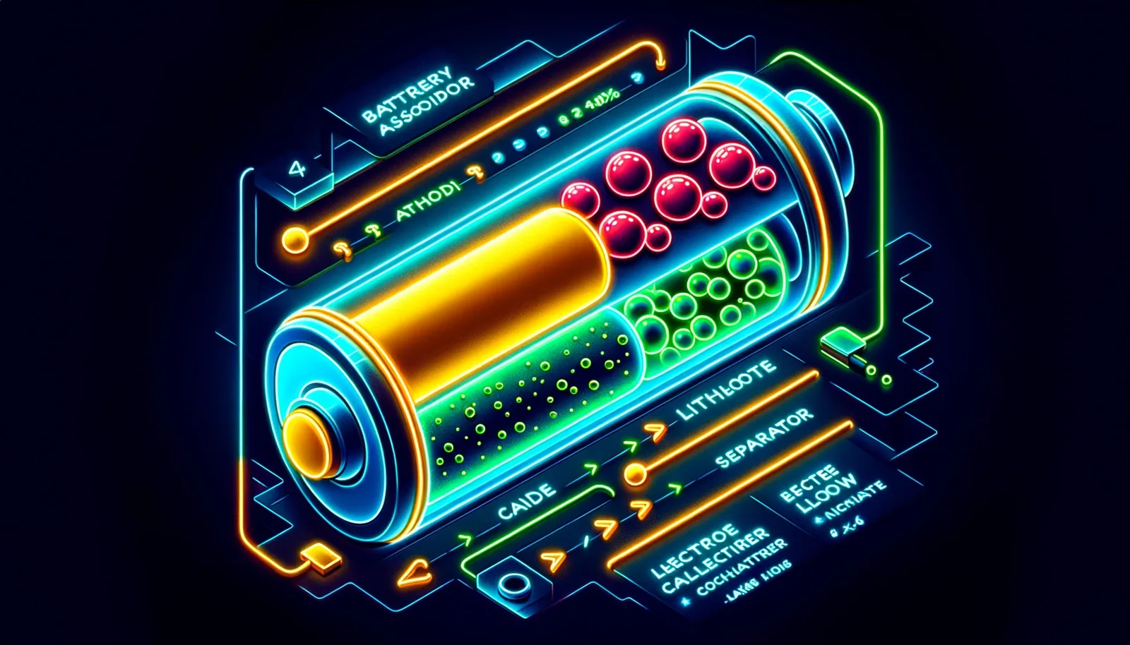 Neon-style cutaway illustration of a cylindrical lithium-ion battery cell on dark background