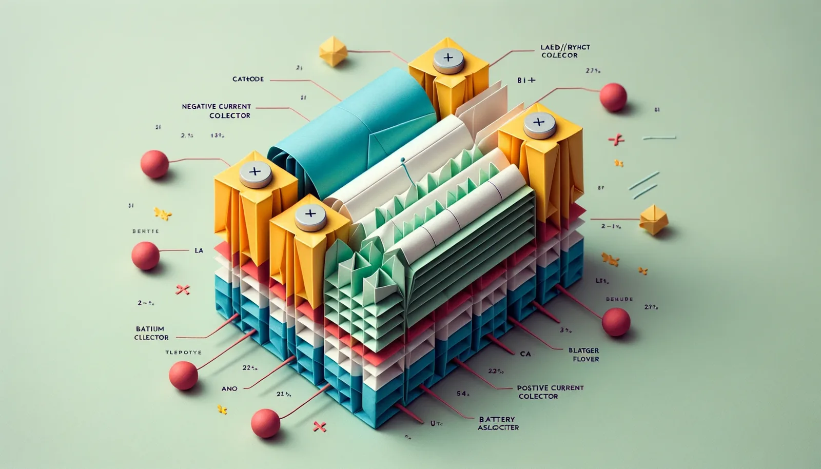 Origami-style paper model of a lithium-ion battery with folded electrode layers in pastel colours