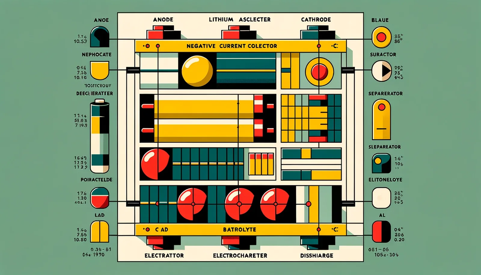 Bauhaus-style illustration of a lithium-ion battery cell with geometric shapes in yellow, red and teal