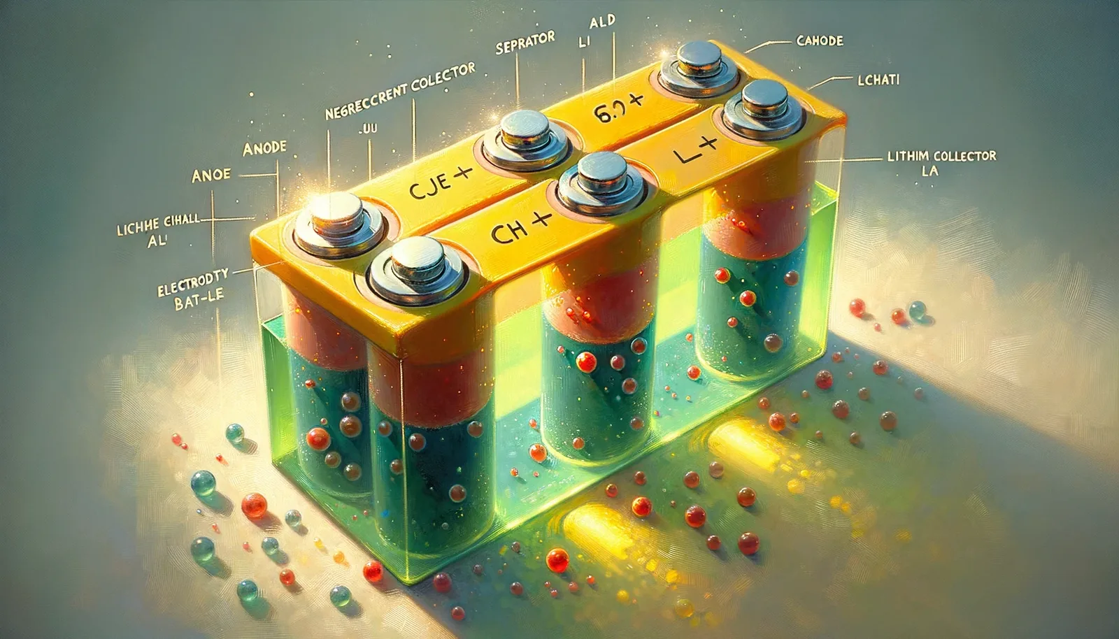 Impressionist painting of a lithium-ion battery pack with soft brush strokes and coloured ion spheres