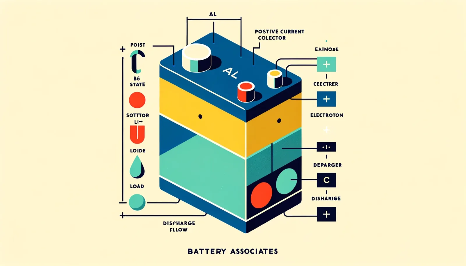 Minimalist flat-design illustration of a lithium-ion battery with labelled discharge flow