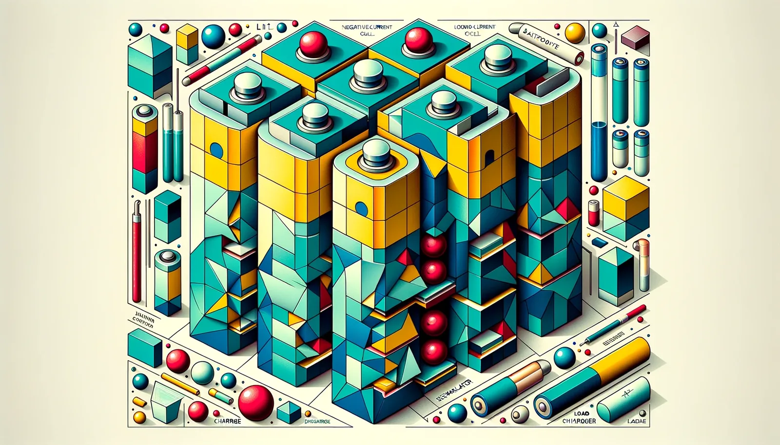 Cubist-style artwork of prismatic lithium-ion battery cells fragmented into geometric shapes